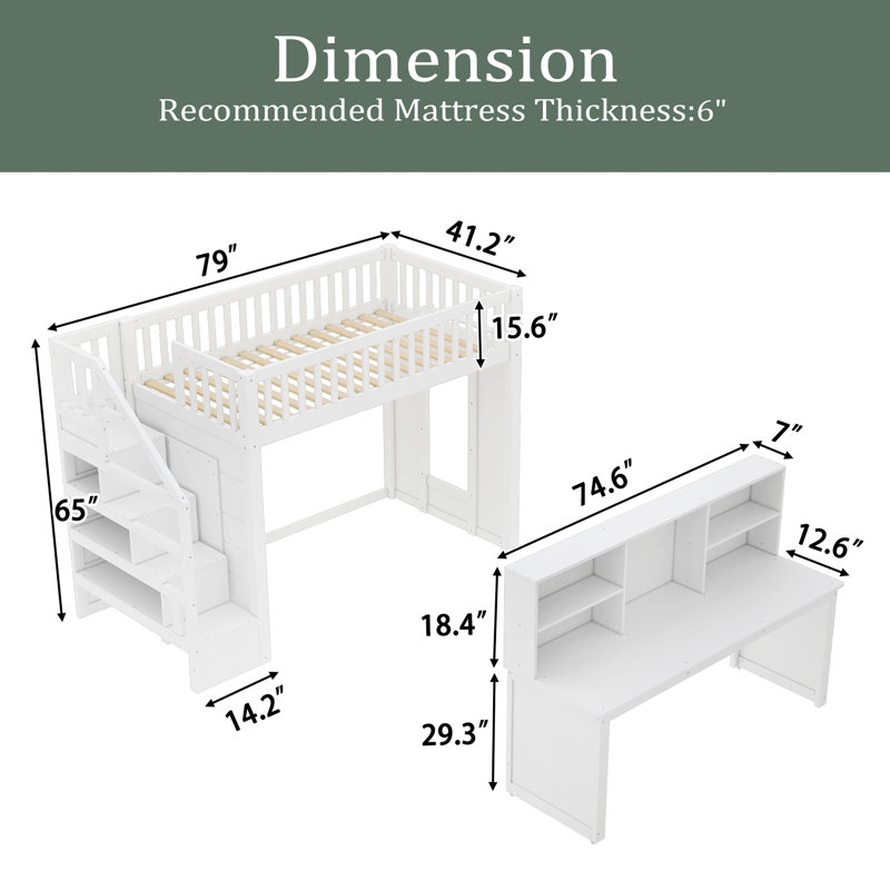 Lit mezzanine avec bureau mobile et tablette de rangement, avec escalier de rangement, Simple, Blanc