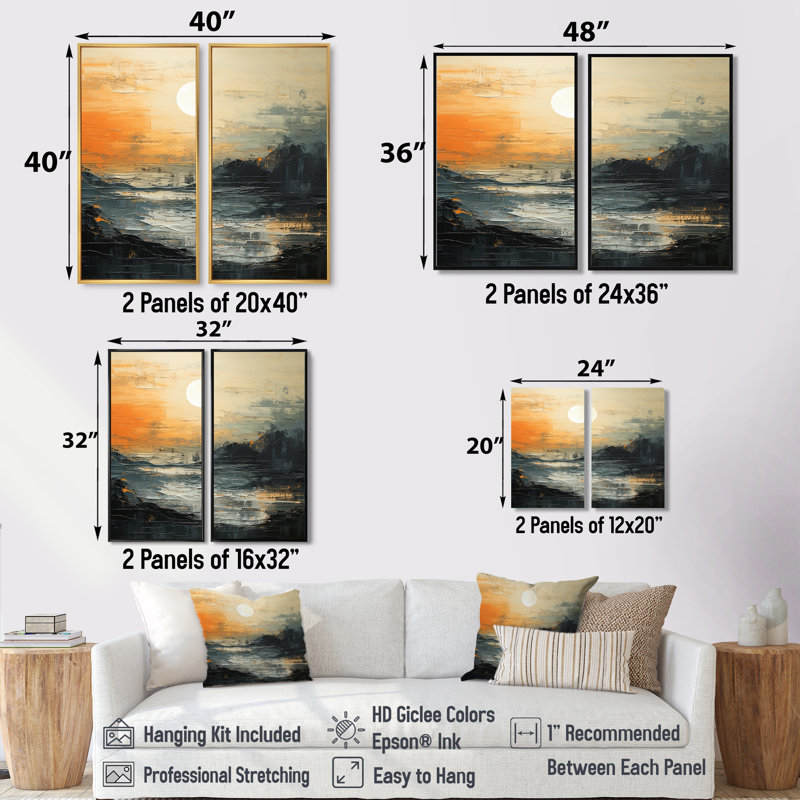 «Modern Coastal Mystic Sunrise» - art mural côtier côtier, H 36 po x l 48 po, Reproduction encadrée sans passe-partout, Noir