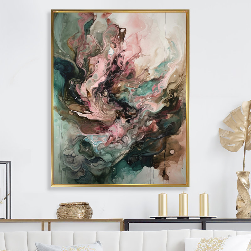 Art mural encadré géométrique abstrait rose et vert III, H 32 po x l 24 po x P 1 po, Cadre flottant doré