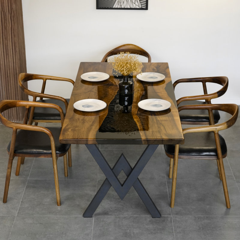 Black Epoxy River Dining Table | Solid Walnut Live Edge & Black Resin | Handcrafted Kitchen Table | 60"x30"