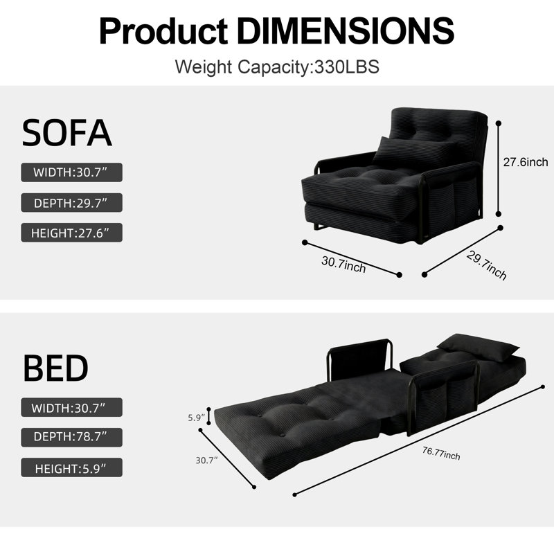 Foldable Single-Seat Sofa Bed With High-Resilience Density Foam Cushioning, Black