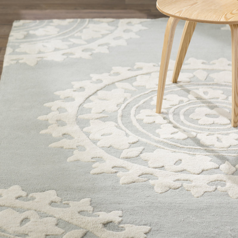 Camisa Geometric Handmade Tufted Wool Light Grey/Ivory Area Rug, Rectangle 8'3" x 11'