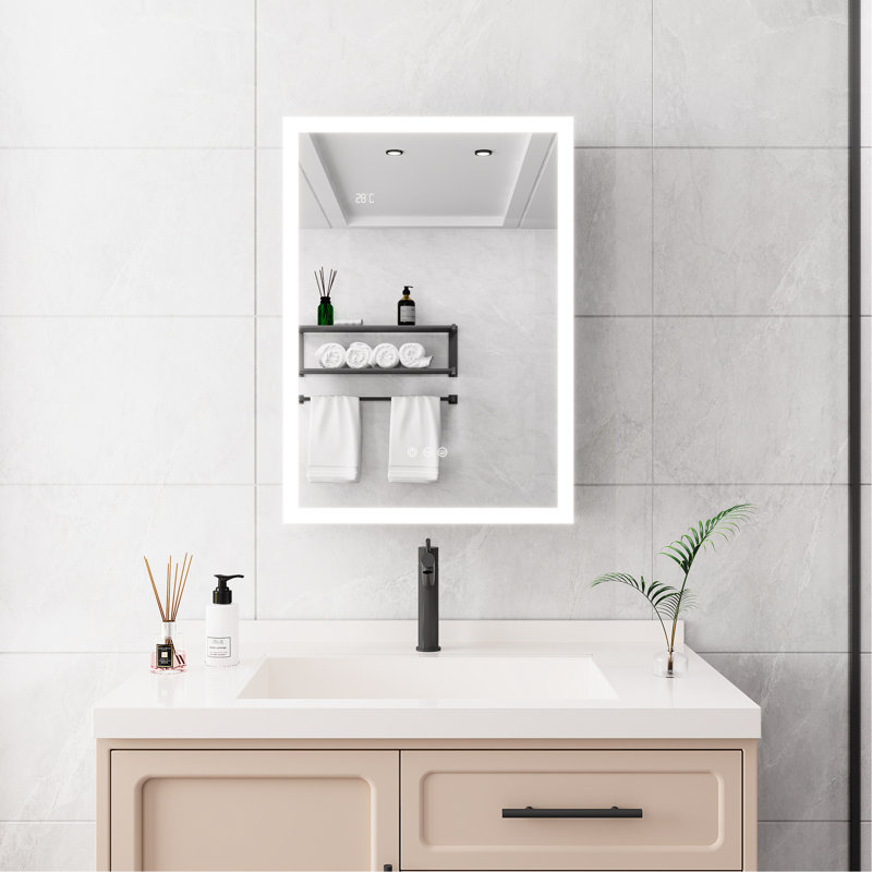 Armoire à pharmacie de salle de bain avec lumières - 28 po x 20 po à DEL, miroir, gradateur, affichage de l'horloge et de la température, montage en surface, miroir à DEL avec espace, fixation numérique, argent