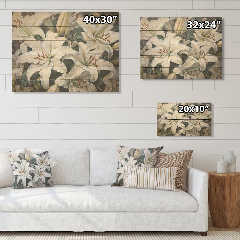 White Lilies In Bloom Beauty I - Lilies Wood Wall Art On Natural Pine Wood, 24" H x 32" W