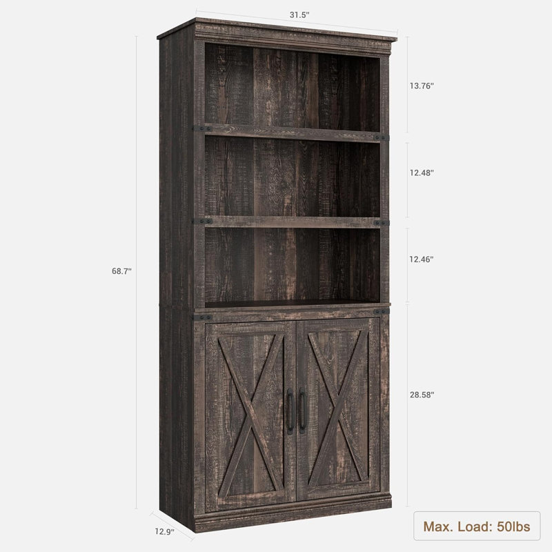 Bibliothèque à 5 niveaux avec rangement, bibliothèque de 68,7 po de hauteur, armoire de rangement en bois, Brun