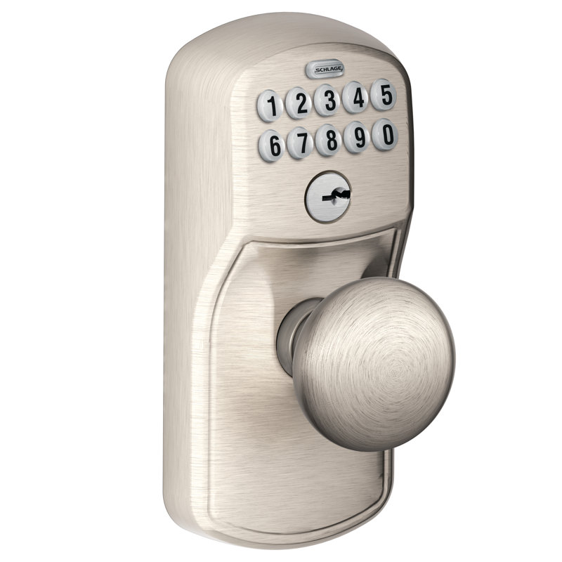 Keypad Electronic Door Knob with Plymouth Trim and Plymouth Knob, Yes, Keyed Alike, Satin Nickel