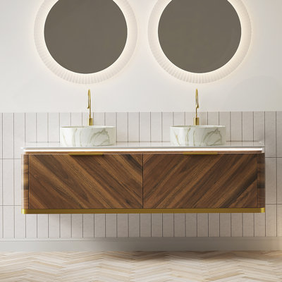 Meuble-lavabo 60 po, meuble-lavabo flottant en contreplaqué 60 po, 2 tiroirs avec capteur de lumière, 2 vasques en céramique à motif de pierre et plateau en pierre frittée, pré-assemblé, couleur grain de bois noyer foncé