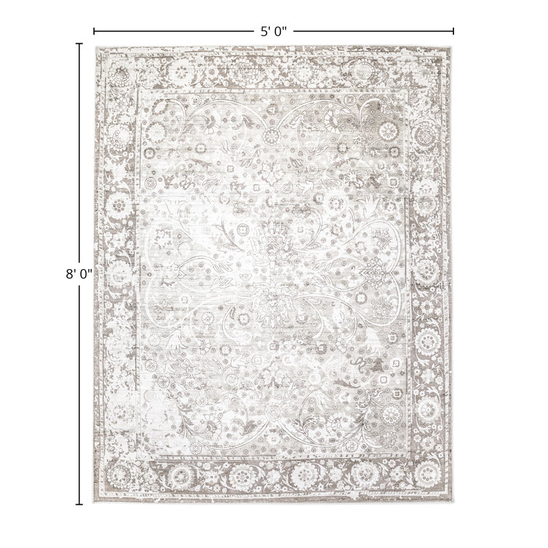 Wellington Hand Knotted Silk Oriental Area Rug in Mist, Rectangle 5' x 8'