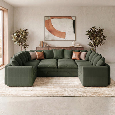 Canapé modulaire en velours côtelé vert avec accoudoirs réglables et rangement