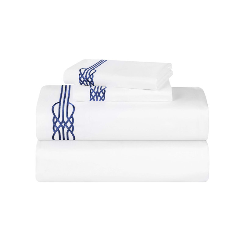 Moonlawn Cotton Gold Embroidered Deep Pocket Bed Sheet Set by Superior, King Sheet 4Pc Set, White/Navy Blue
