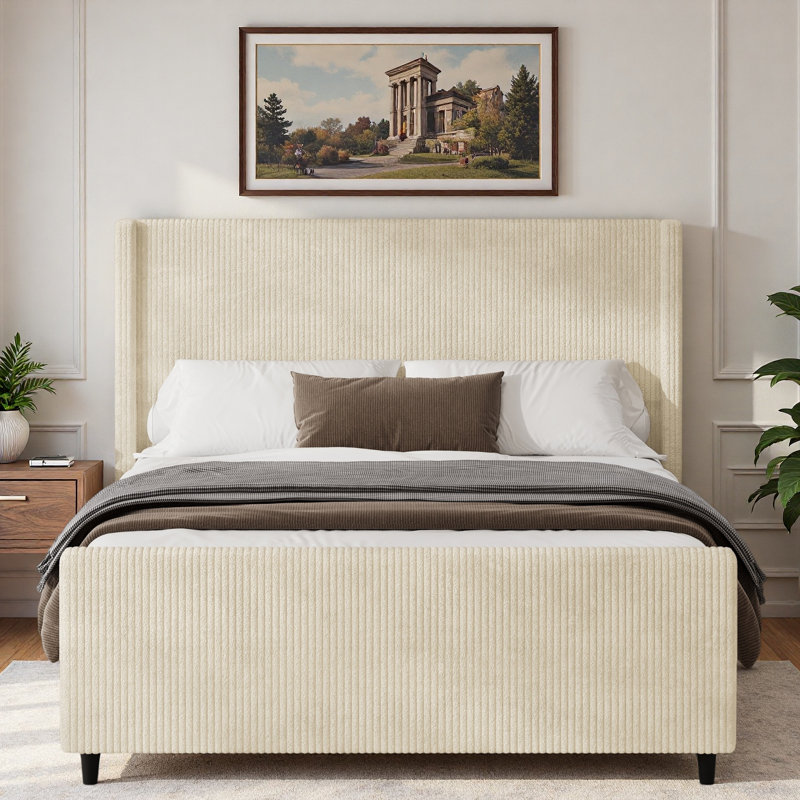 Headboard Corduroy Upholstered Bed Frame with Vertical Stripe Wingback and High Footboard No Box Spring Needed, Taupe, Queen