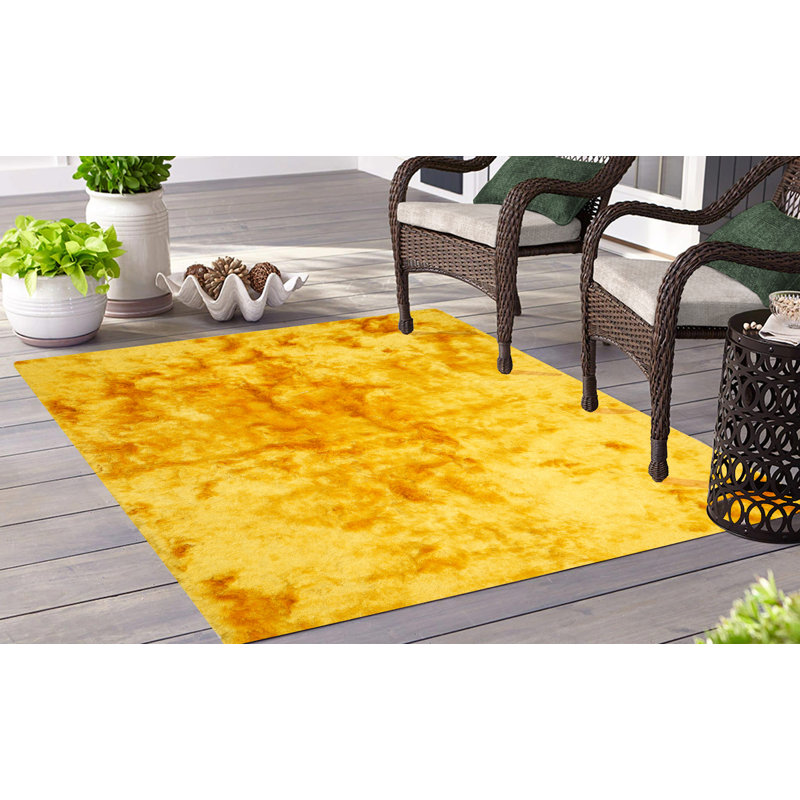 Tapis jaune à poils longs tissé à la main, Rectangle 5 pi x 8 pi