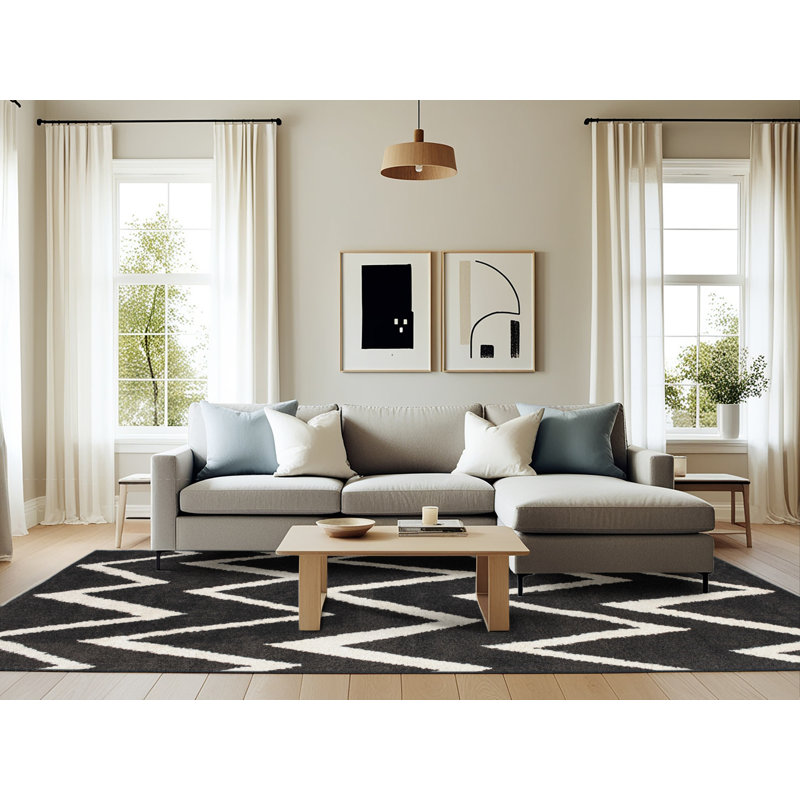 Tapis noir / blanc à chevrons, Rectangle 6 pi x 9 pi