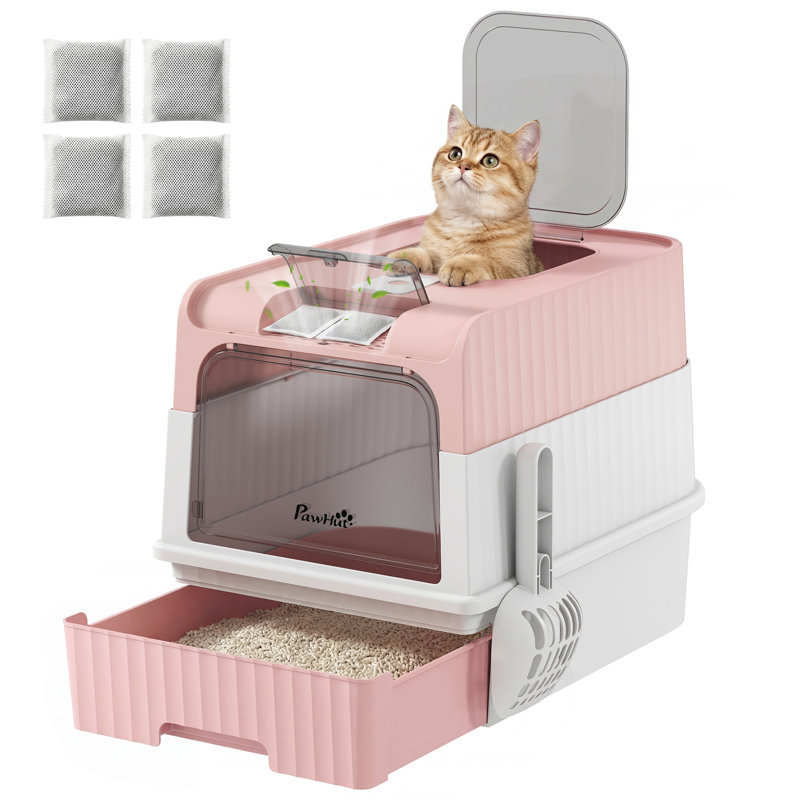 Cat litter Box with Lid PullOut Drawer Tray Scoop Privacy Pink