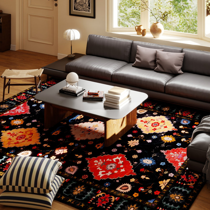 Tapis intérieur / extérieur lavable noir à poils courts rétro pour mariage, Rectangle 5 pi x 7 pi