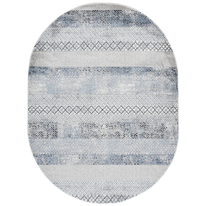 Adames Geometric Gray/Light Blue Area Rug, Oval 6' x 8'