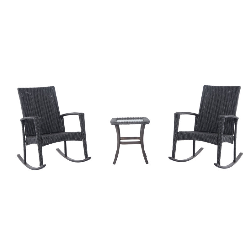 3 Pieces Rocking Chair Table Set Wicker Bistro Set with Coffee Table, Grey