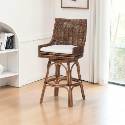 Carlo Rattan Swivel Bar Stool with Cushion, Handwoven Wicker Bar Chair, Coffee Bean