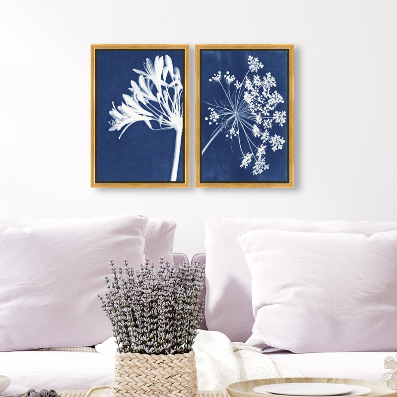 Cyan Flowers Set Set by Oliver Gal, 11"H x 16"W, Gold Floater Frame
