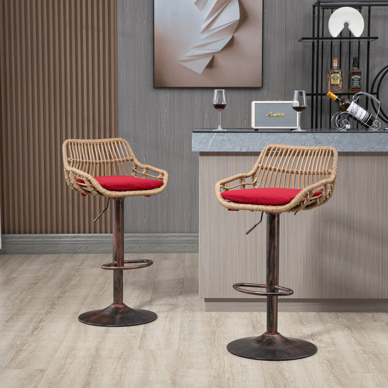 De 2 tabourets de bar rouges, réglables avec repose-pieds pour la cuisine et la salle à manger, base en métal, capacité de 250 lb, coussin de siège en lin, tabourets modernes 2, et charge