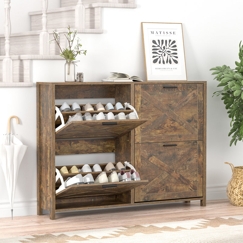Armoire de rangement à chaussures pour 18 entrées avec 4 tiroirs rabattables, Brun