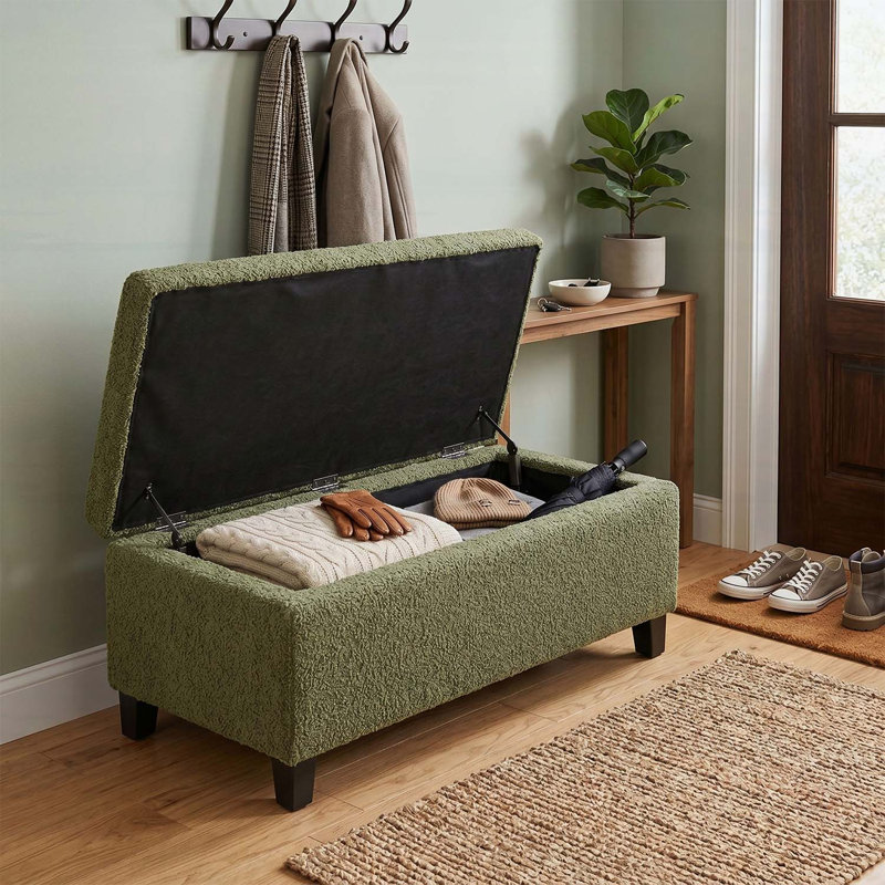 Repose-pieds de rangement rétro vert avec couvercle rabattable, tissu d'assemblage facile et pieds en bois d'hévéa