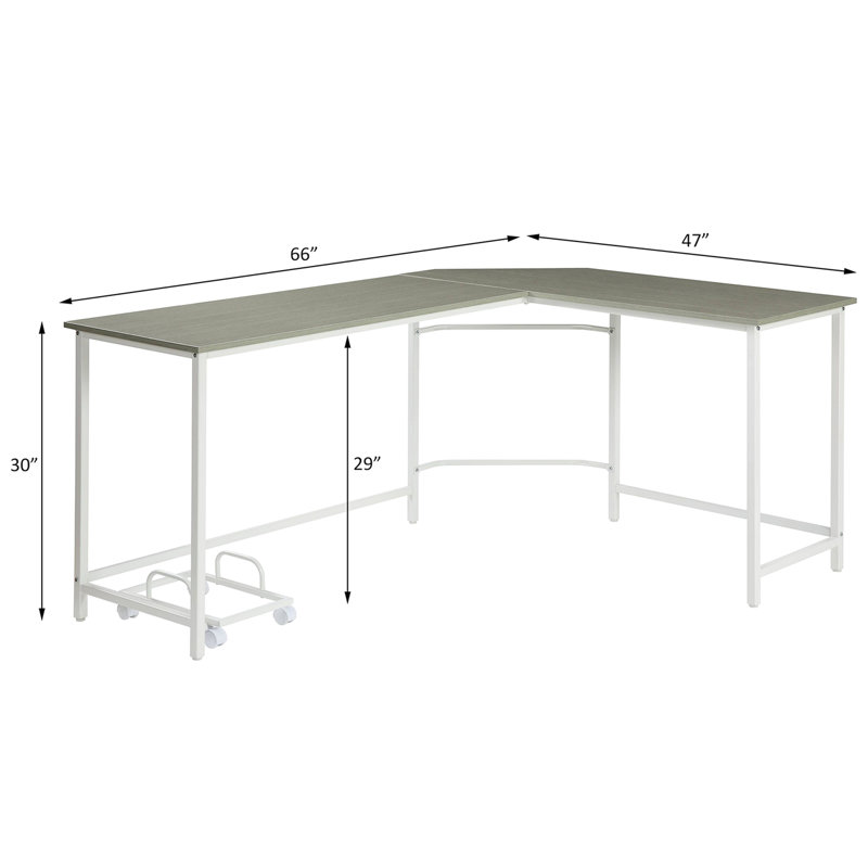 Bureau d'angle rectangulaire en forme de L gris et blanc avec support pour téléphone portable gain de place, bords biseautés et tour à quatre roulettes