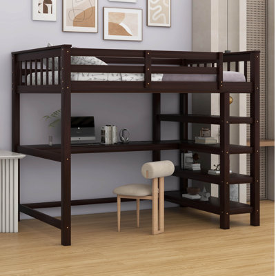 Lit mezzanine en bois avec bureau sous le lit, lit mezzanine avec 4 tablettes de rangement