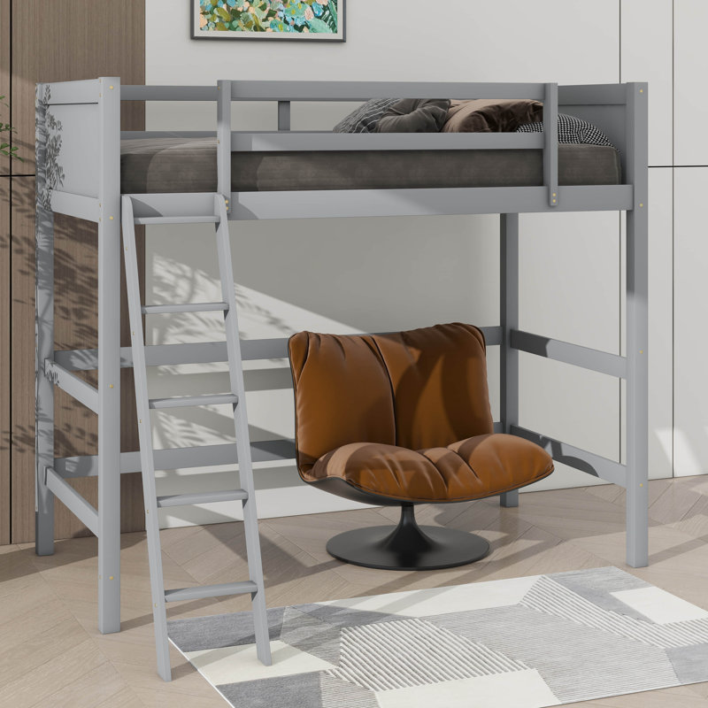 Lit mezzanine simple en bois avec échelle intégrée, Grey