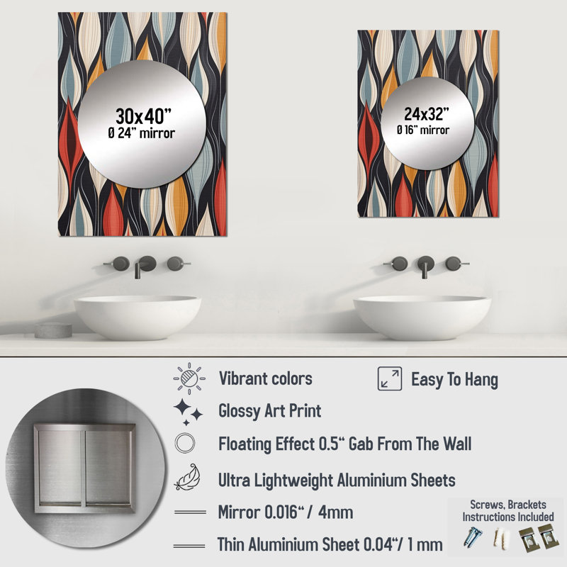 Latari Retro AbstractáLeaves II - Geometric Decorative Mirror, Modern Wall Mirror, Printed Metal Art, 32" x 24"