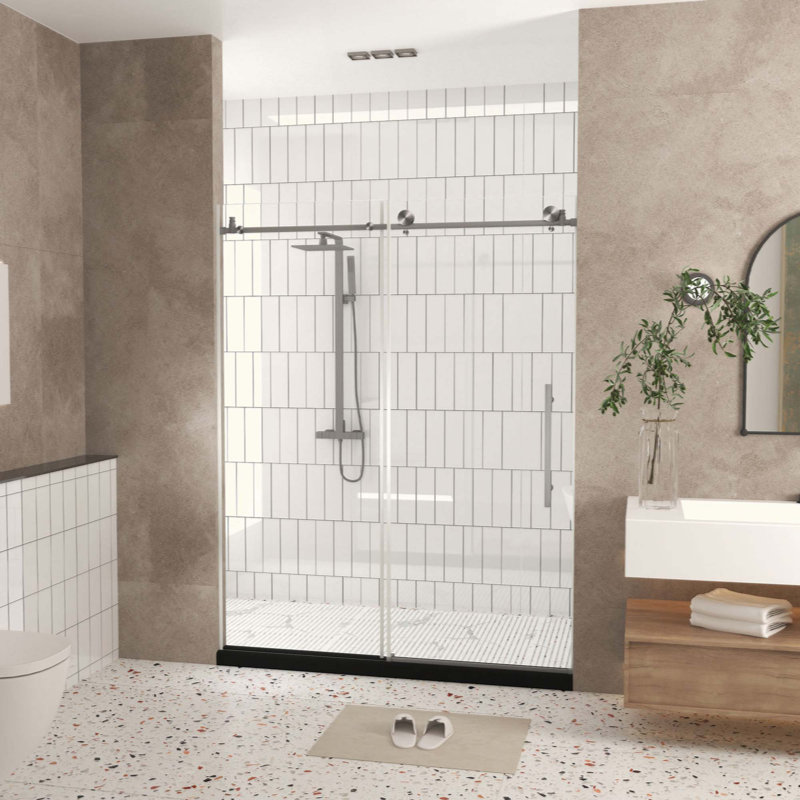 Frameless Shower Door, 1/4 "(6 Mm) Clear Tempered Glass, Explosion Proof Film, Stainless Steel Handle, Brushed Nickel