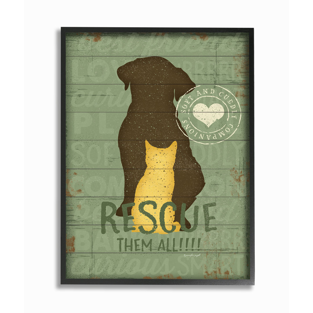 'Rescue Them All Dog and Cat Silhouette' by Jennifer Pugh - Graphic Art Print on Wood Winston Porter 