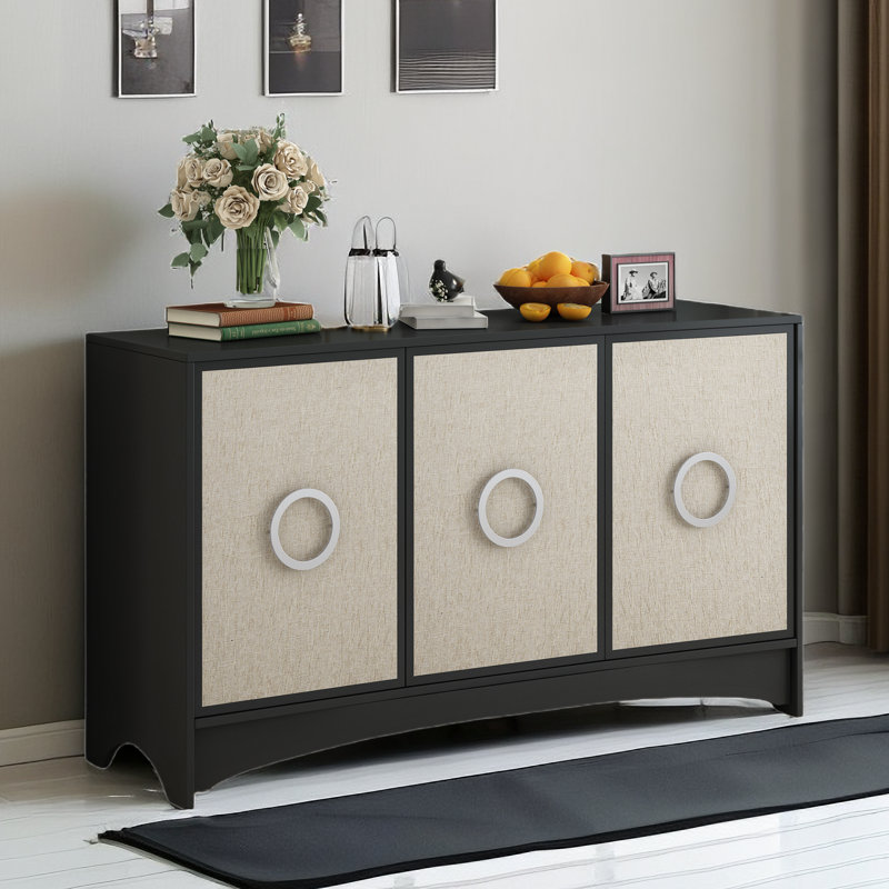 Curved Design Storage Cabinet With Three Doors And Adjustable Shelves, Beige