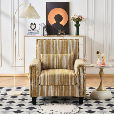 Accent Chair With Arms, Comfy Upholstered Armchair For Living Room, Yellow And White Striped Armchair With Nailhead Trim, For Living Room, Bedroom, Apartment, Office