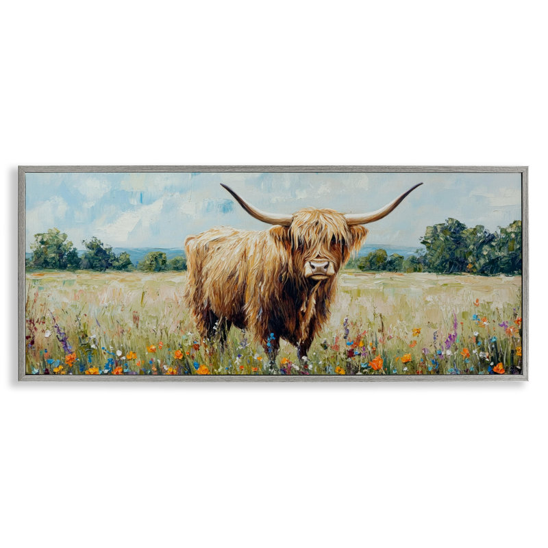 Giclée encadrée Highland Cow Meadow, design par Petal Prints Design, Estampe numérique Farmhouse, H 10 po x l 24 po