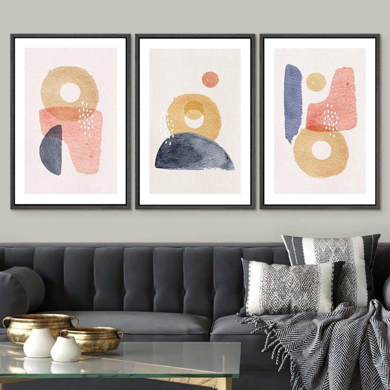 Mid-Century Shape Mid-Century Pastel Polygons, reproduction sur toile 3 pièces, Noir, H 36 po x l 72 po x P 1,5 po