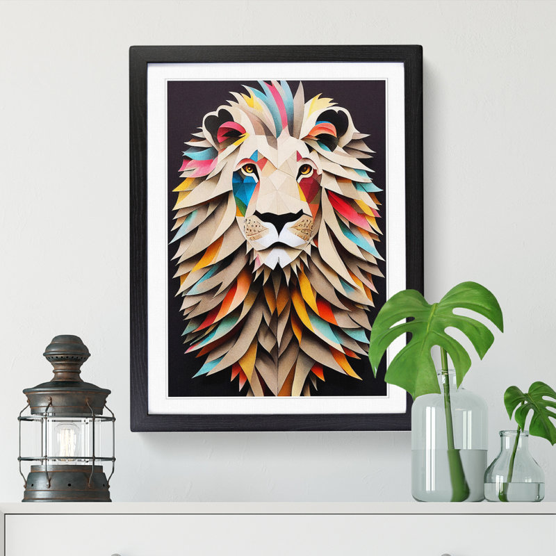 Lion Decoupage - Picture Frame Print, Black, 64cm H x 46cm W x 2cm D