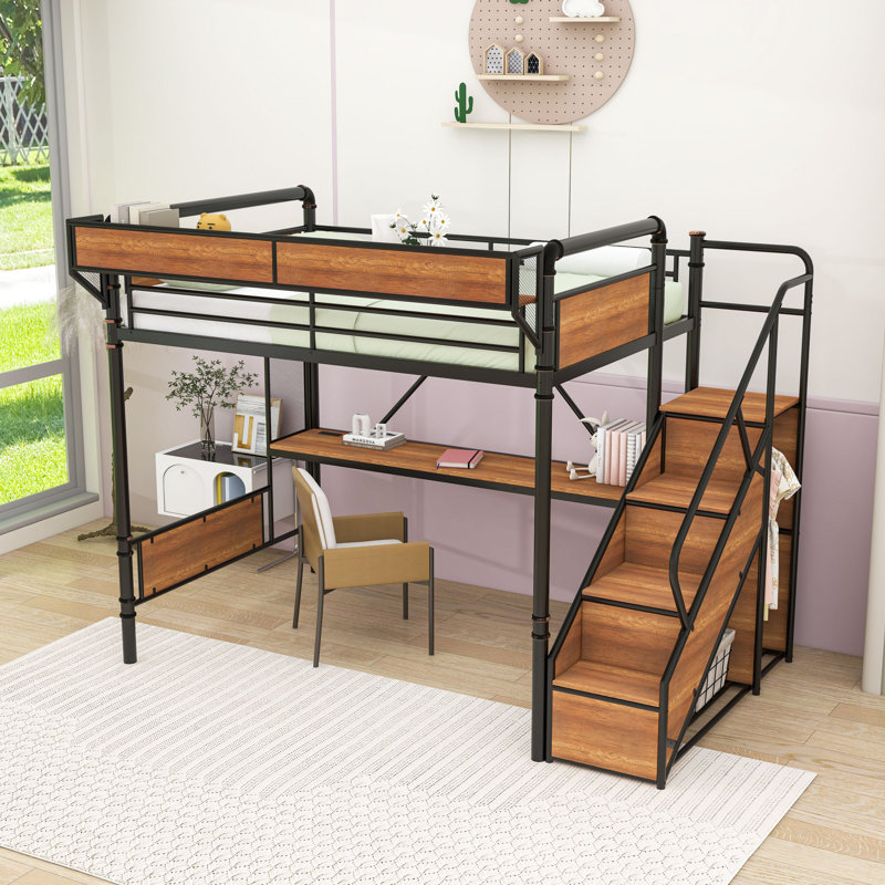Lit mezzanine avec bureau intégré, prise de courant, bande DEL, panneau perforé, escalier de rangement et garde-robe, Noir