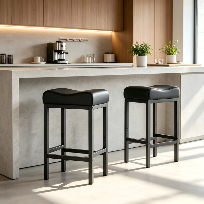 Ensemble de 2 tabourets de bar de 24 po sans dossier avec siège en cuir souple pour comptoir d'îlot de cuisine moderne, Noir