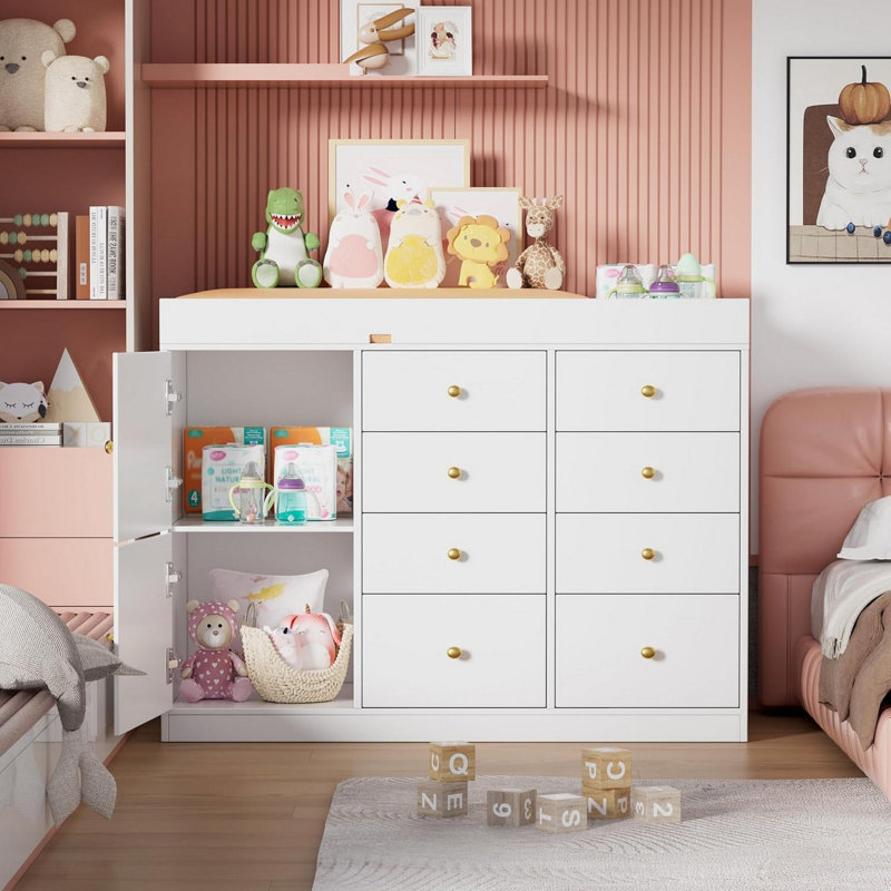 Commode de chambre de bébé classique avec 8 tiroirs et 2 armoires, table à langer multifonctionnelle, table à langer pour chambre d'enfant