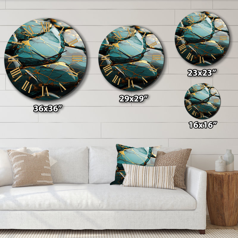 Horloge murale sarcelle et or - peinture abstraite, Petit
