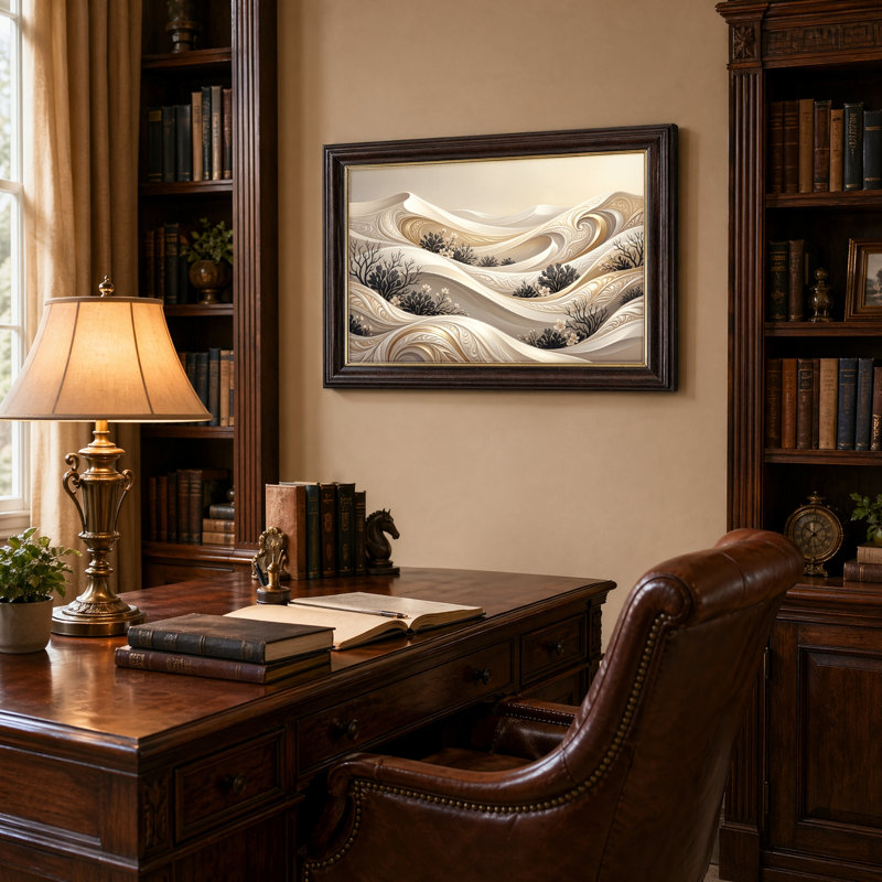 Art mural antique sur toile encadré doré pour le salon, la chambre à coucher, le bureau ou le vestibule - Décoration murale décorative avec paysage de vagues