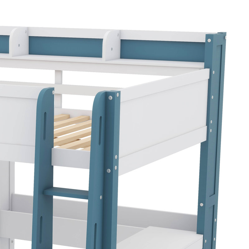 Full Size Loft Bed Complete With Shelving Units, Clothing Rods, And Work Area, Blue