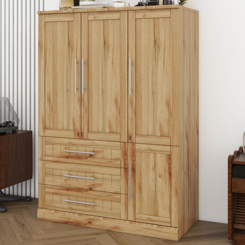 Armoire penderie 4 portes avec 3 tiroirs et rail suspendu, Naturel