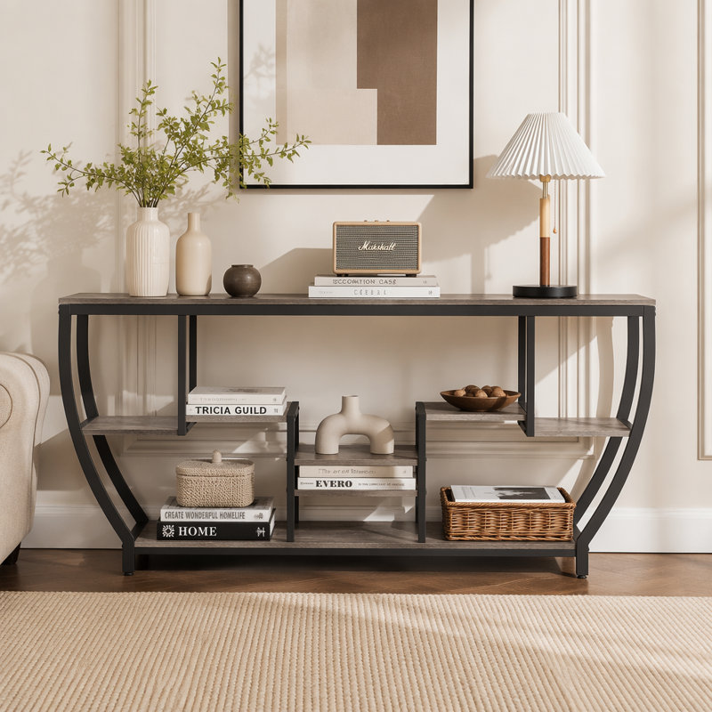 Console industrielle, table d'entrée de 70,9 pouces avec étagères, Gris / Noir, Gray