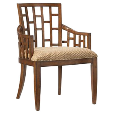 Transitional Tan and Rust Geometric Leather-Wood Arm Chair