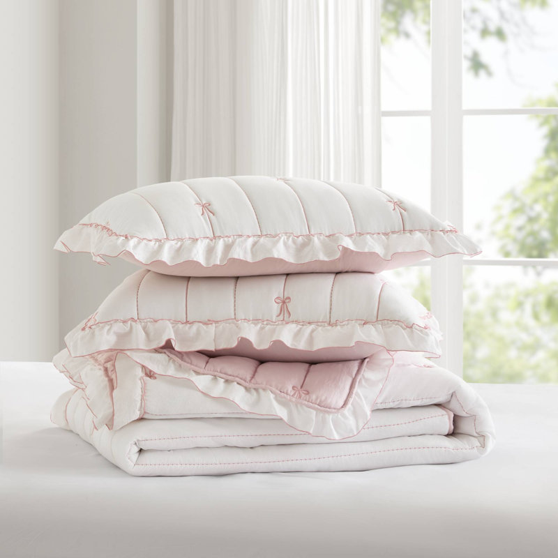 Romantic Pink Bow Bedding Sets, Soft Microfiber Quilt For Cozy Bedroom