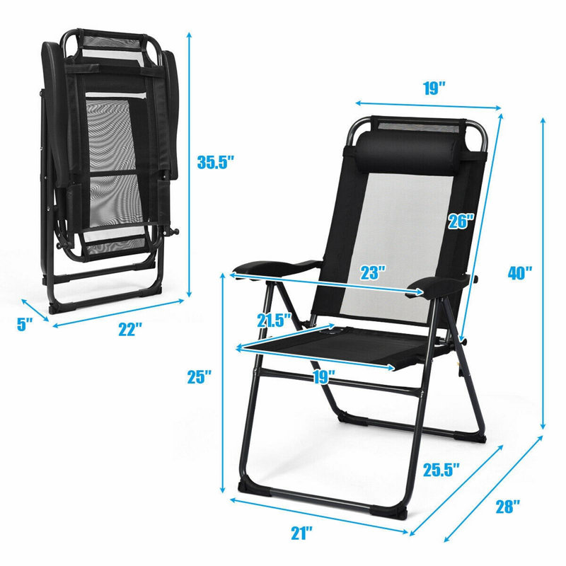 4 Pcs Patio Garden Adjustable Reclining Folding Chairs With Headrest, Black
