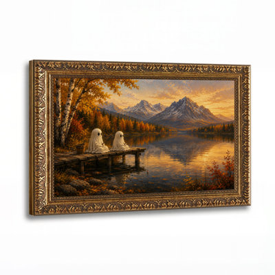 Deux fantômes pêchant sur un quai en bois à Golden Halloween - Toile murale