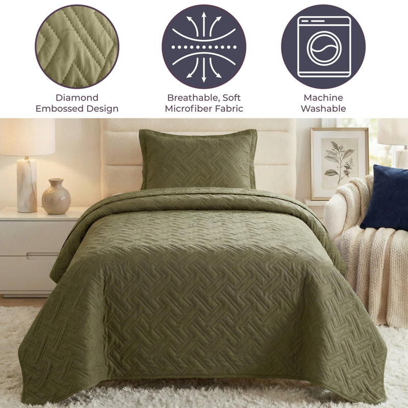 Lavish Home 2-Piece Twin Quilt Set - Twin Bedspread and Pillow Sham with Embossed Diamond Pattern - Lightweight Quilt Bedding Set for All Seasons - Soft Microfiber Coverlet (Green)